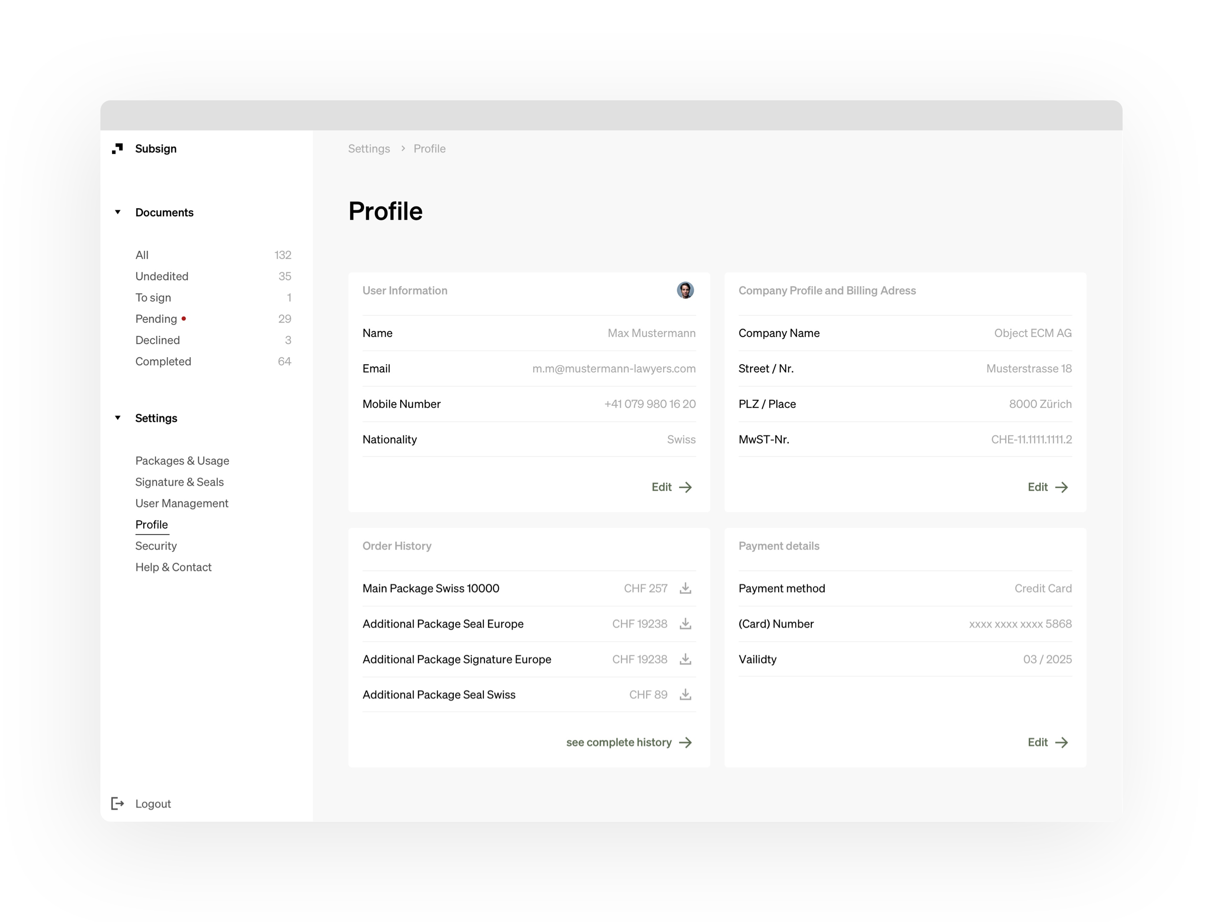 Subsign user profile page
